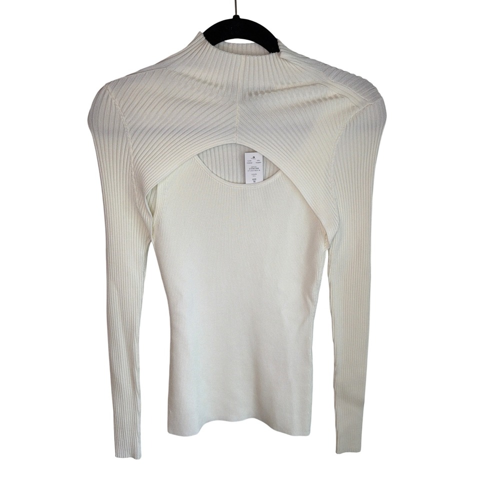 White House Black Market LS Cutout Mock NK Ribbed Blouse Ecru 570361499 Mens M